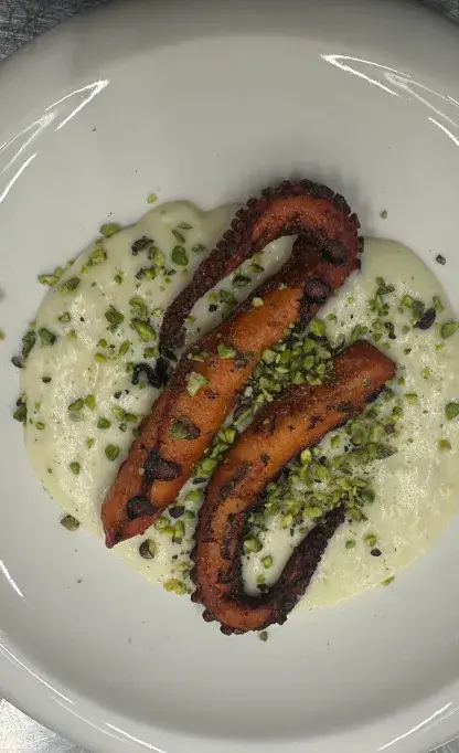Tentacolo di polpo grigliato servito su crema di patate e granella di pistacchi